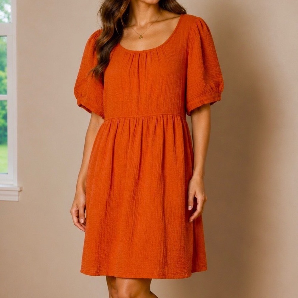 NWT Dokotoo Cotton Gauze Babydoll Dress Women's Large Puff Sleeve Orange Cottage